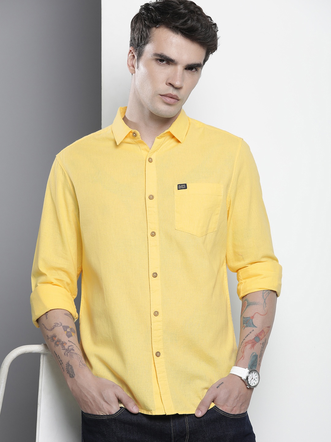

The Indian Garage Co Men Slim Fit Solid Linen Resortwear Shirt, Yellow