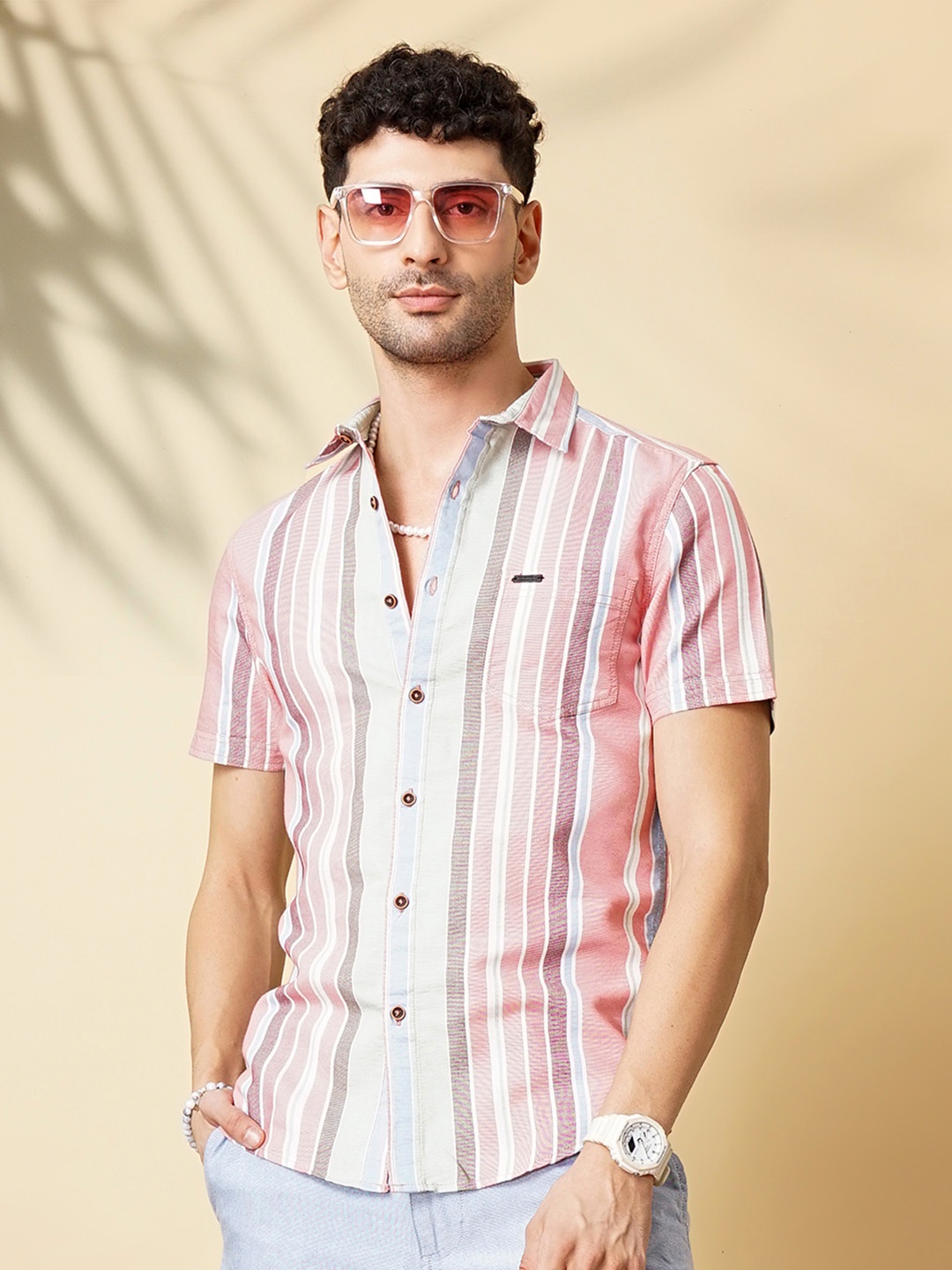 

The Indian Garage Co Slim Fit Multi Stripes Opaque Striped Casual Shirt, Pink