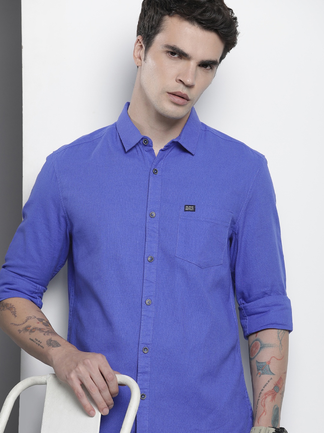 The Indian Garage Co Men Slim Fit Solid Linen Resortwear Shirt, Purple