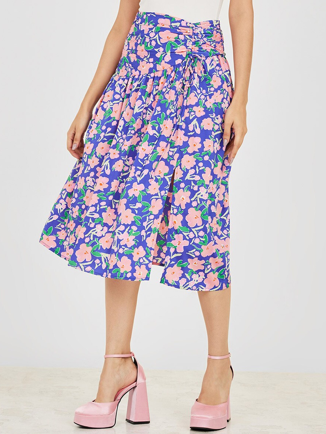 

Styli Floral Printed Flared Midi Skirt, Blue