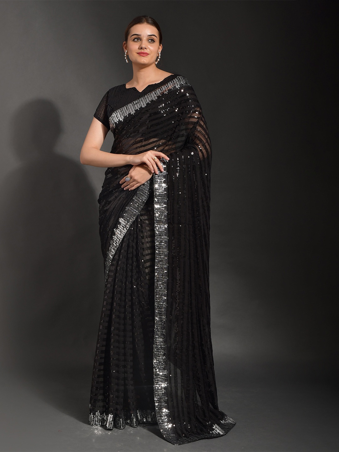 

AVANSHEE Black & Silver-Toned Embellished Sequinned Poly Georgette Saree