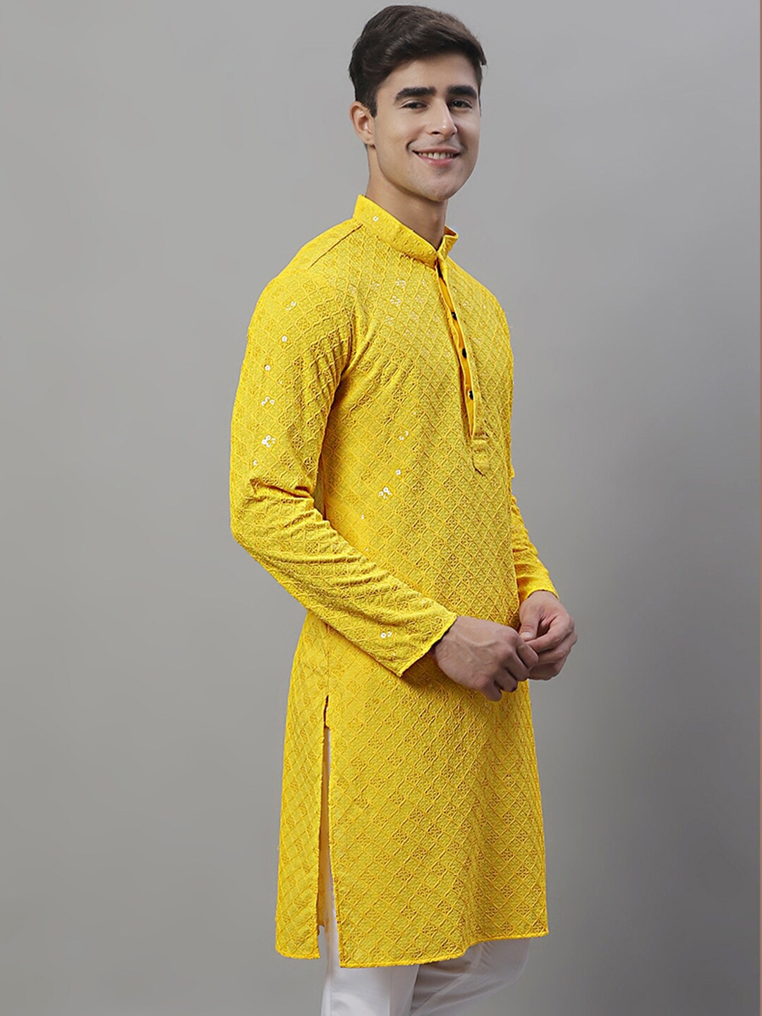 

Jompers Mandarin Collar Ethnic Motifs Embroidered Chikankari Kurta, Yellow