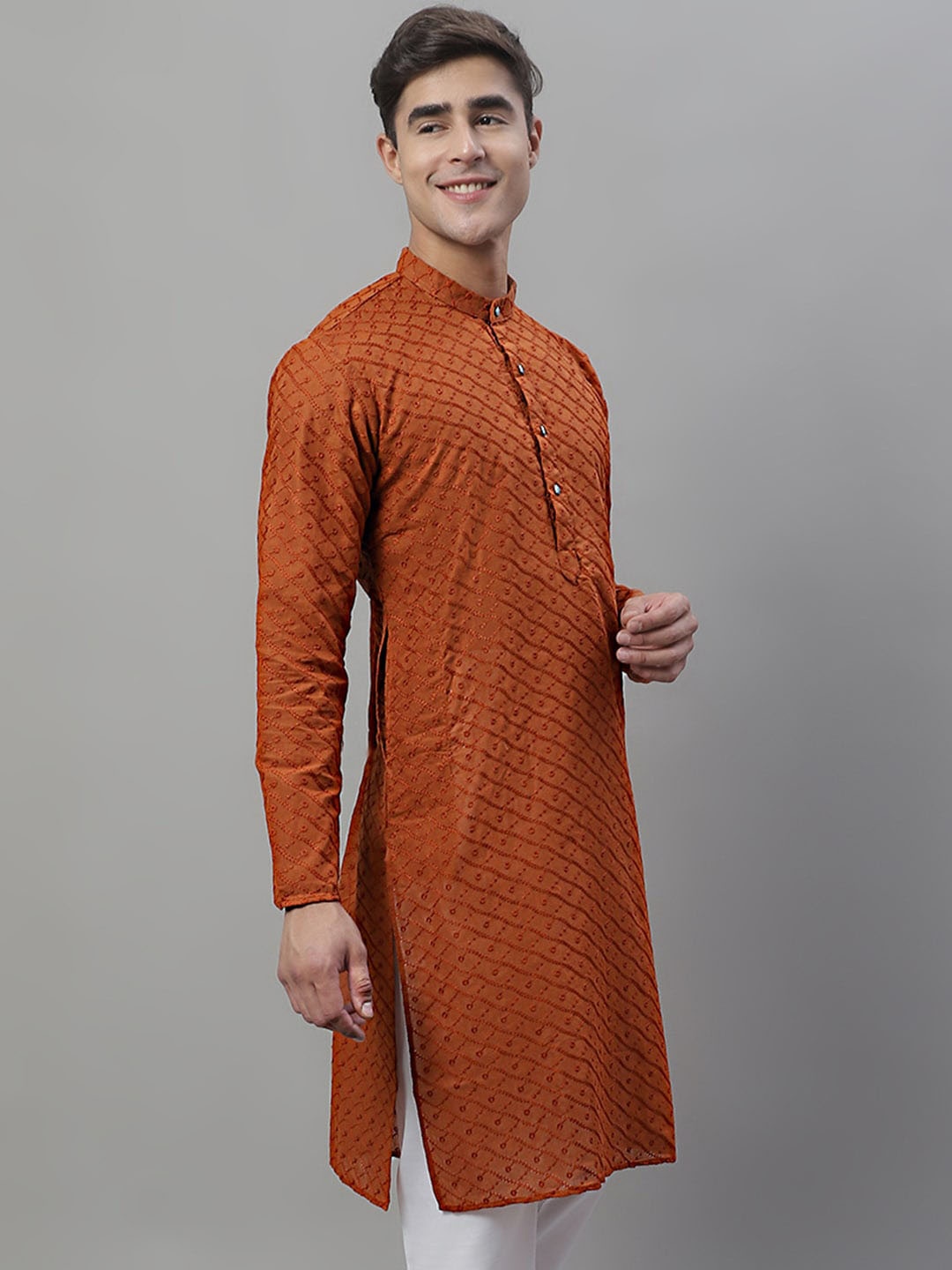 

Jompers Band Collar Ethnic Motifs Embroidered Pure Cotton Kurta, Brown