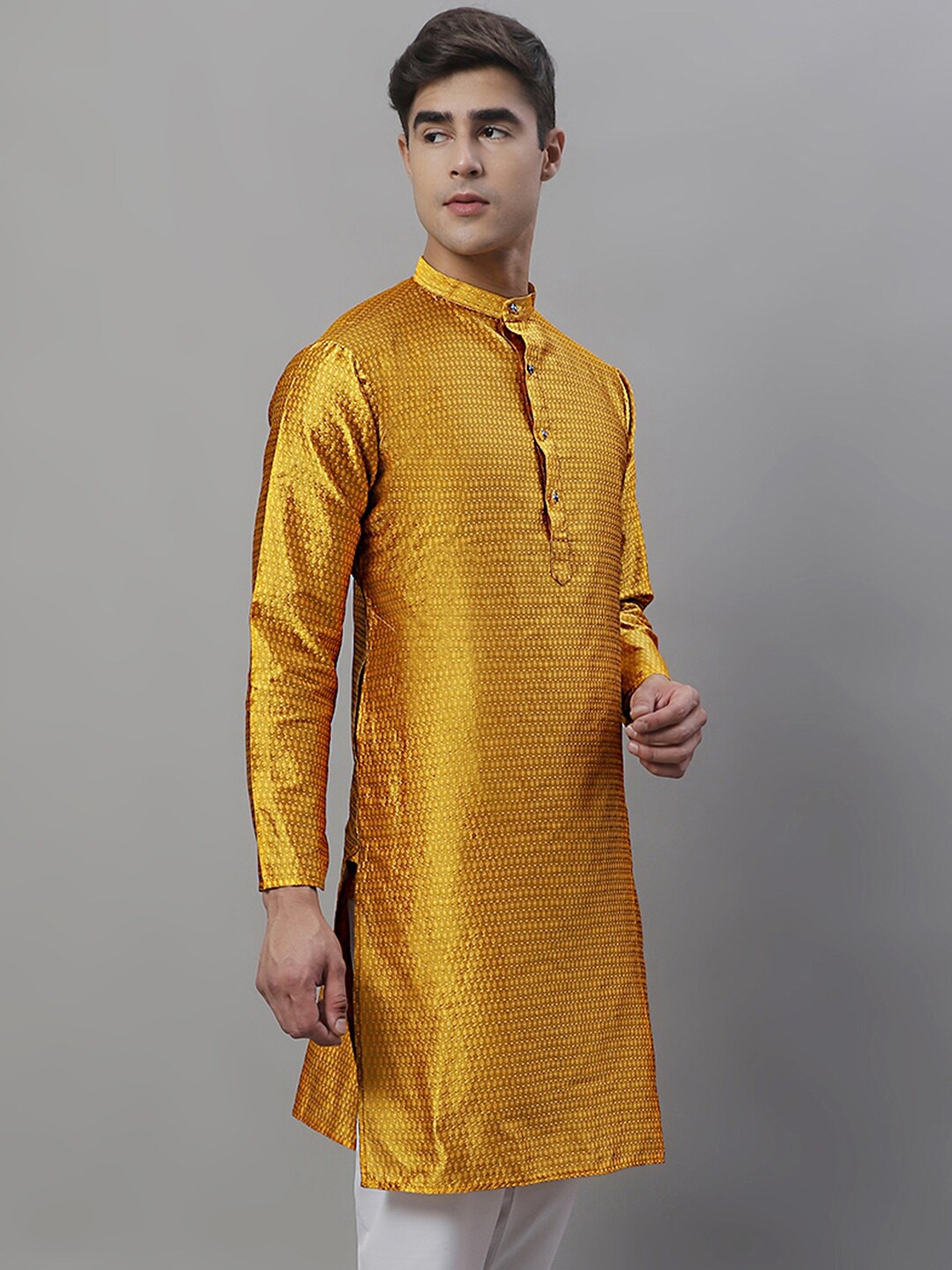 

Jompers Mandarin Collar Woven Design Kurta, Yellow