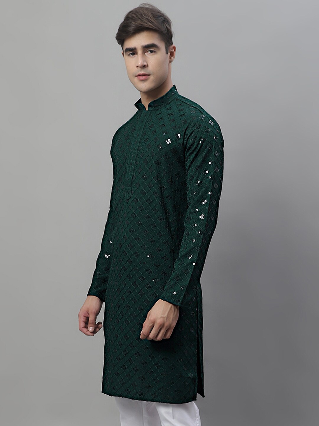 

Jompers Mandarin Collar Ethnic Motifs Embroidered Chikankari Kurta, Olive