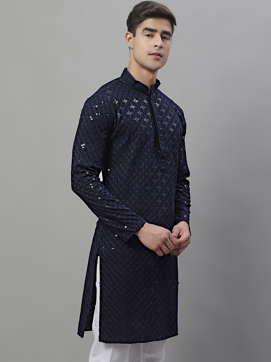 

Jompers Mandarin Collar Ethnic Motifs Chikankari Sequined Kurta, Navy blue