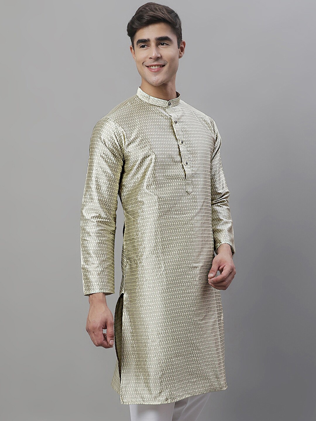 

Jompers Mandarin Collar Woven Design Kurta, Beige