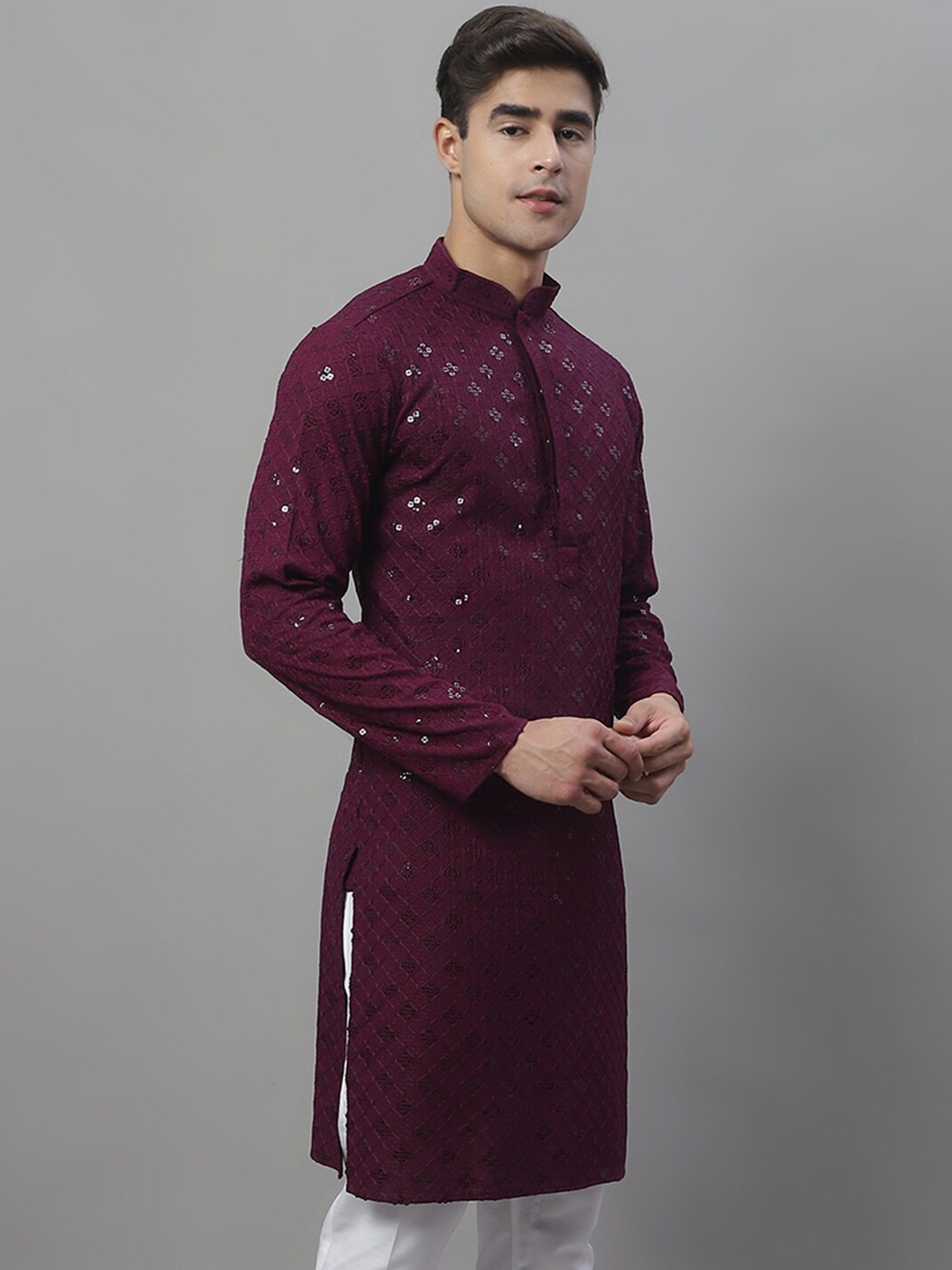 

Jompers Mandarin Collar Ethnic Motifs Chikankari Sequined Kurta, Purple