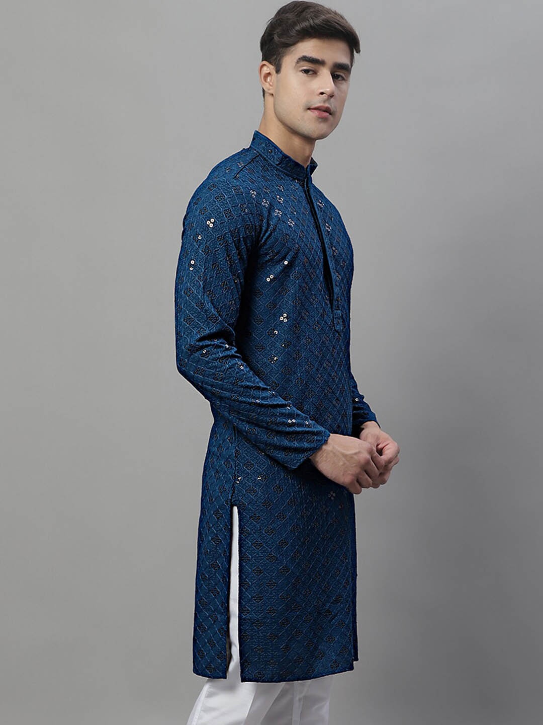 

Jompers Mandarin Collar Ethnic Motifs Embroidered Chikankari Kurta, Blue