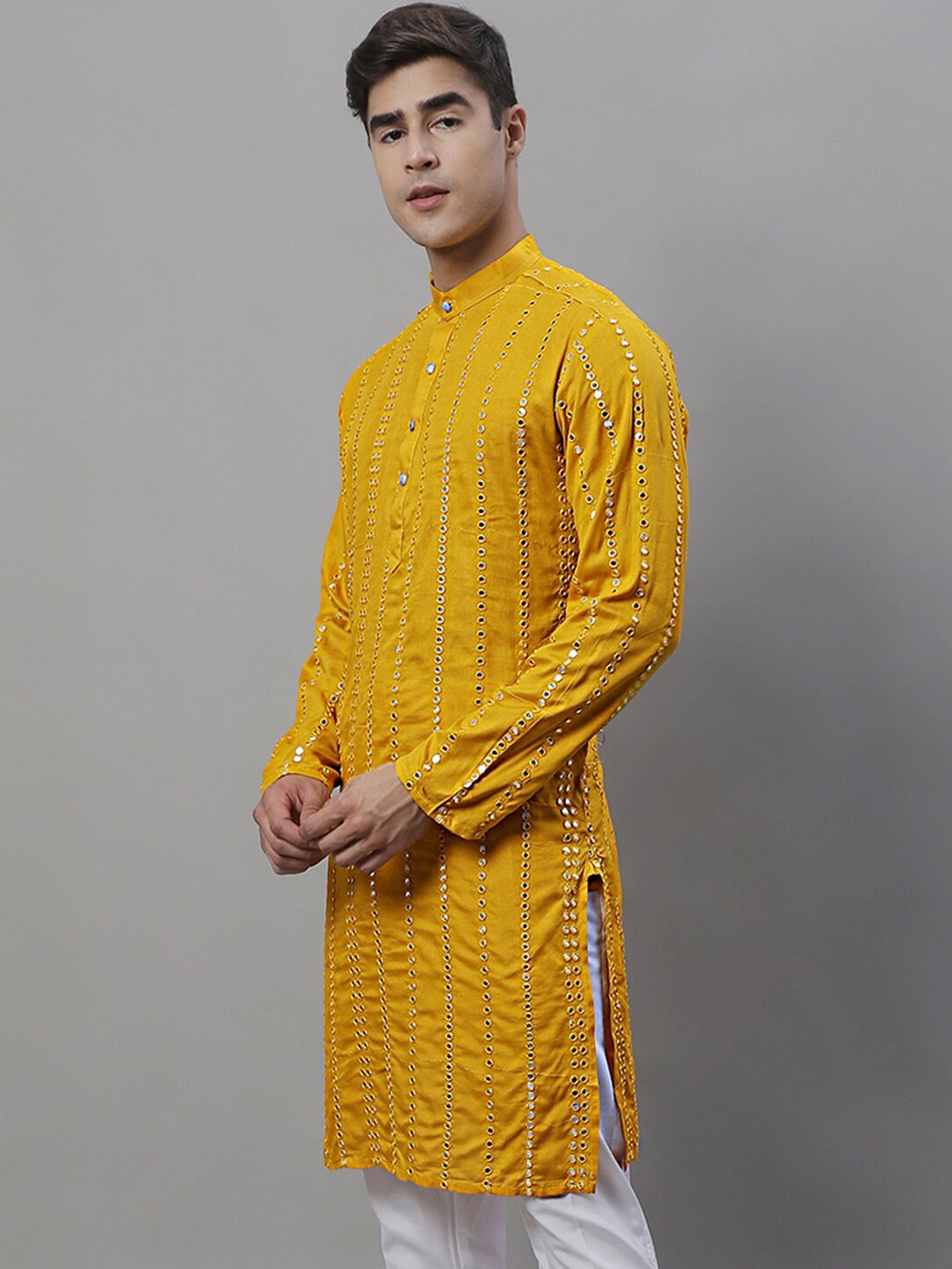 

Jompers Geometric Embroidered Mirror Work Kurta, Mustard