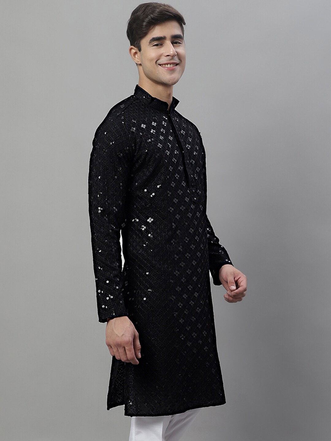

Jompers Mandarin Collar Ethnic Motifs Chikankari Sequined Kurta, Black