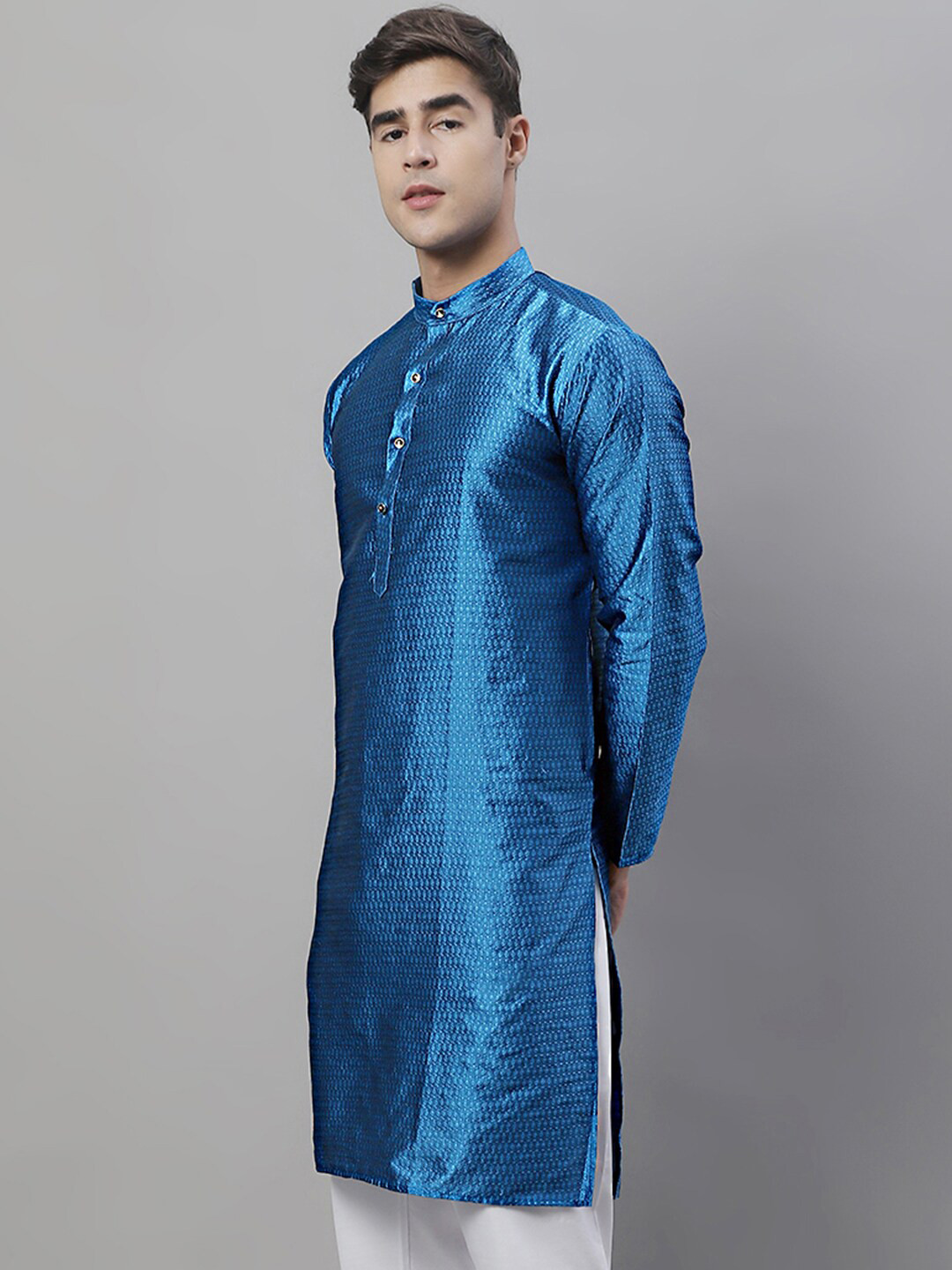 

Jompers Mandarin Collar Woven Design Kurta, Blue