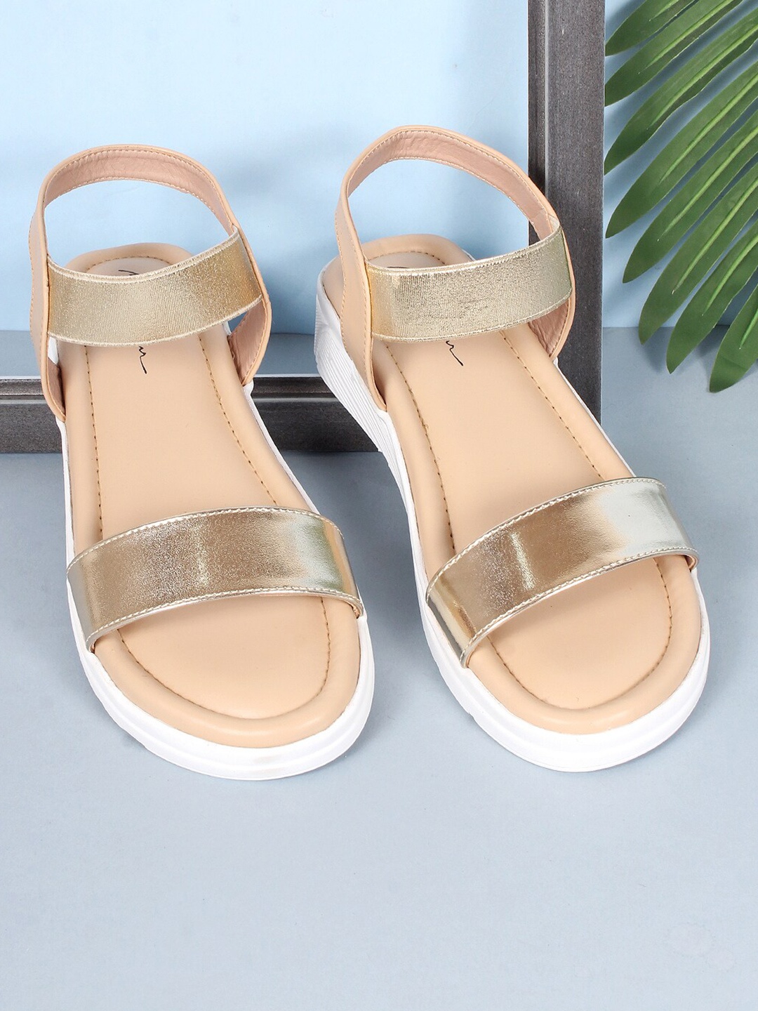 

Mast & Harbour Gold-Toned And Beige Open Toe Comfort Heels