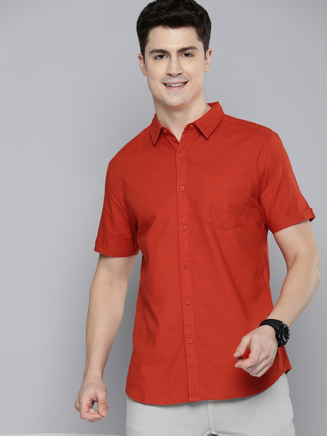 

HERE&NOW Men Slim Fit Opaque Casual Shirt, Red