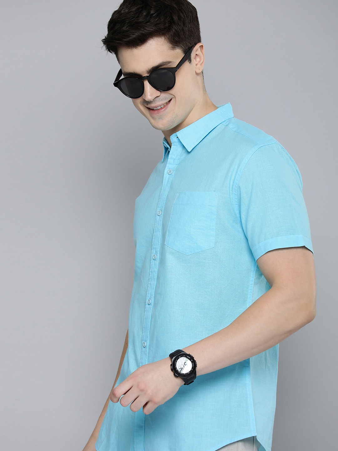 

HERE&NOW Men Slim Fit Opaque Casual Shirt, Turquoise blue