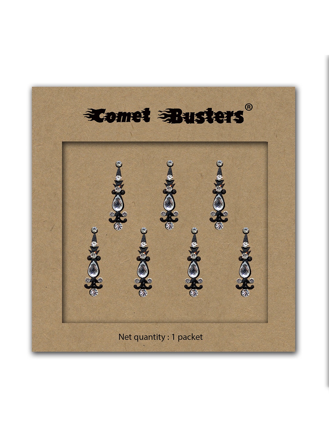 

Comet Busters Black & Silver-Toned Embellished Reusable Designer Bindis - 7 Pcs