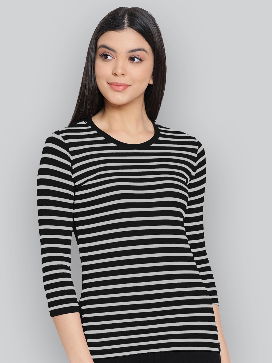 

LYRA Striped Round Neck Anti Odour Cotton Lounge T-shirt, Black