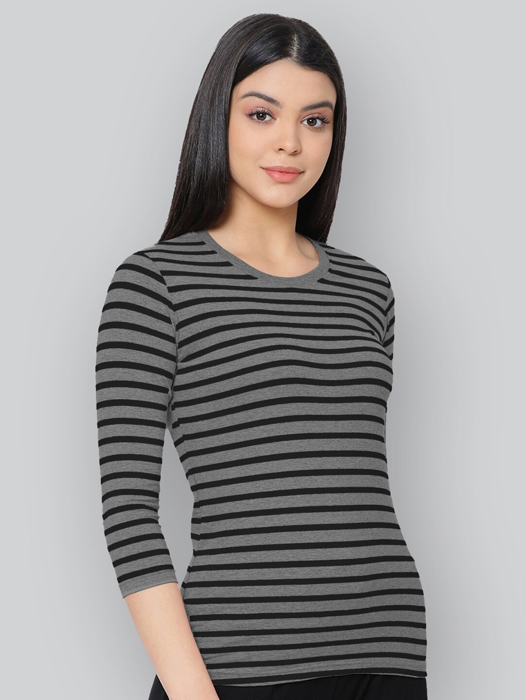 

LYRA Striped Round Neck Anti Odour Cotton Lounge T-shirt, Grey