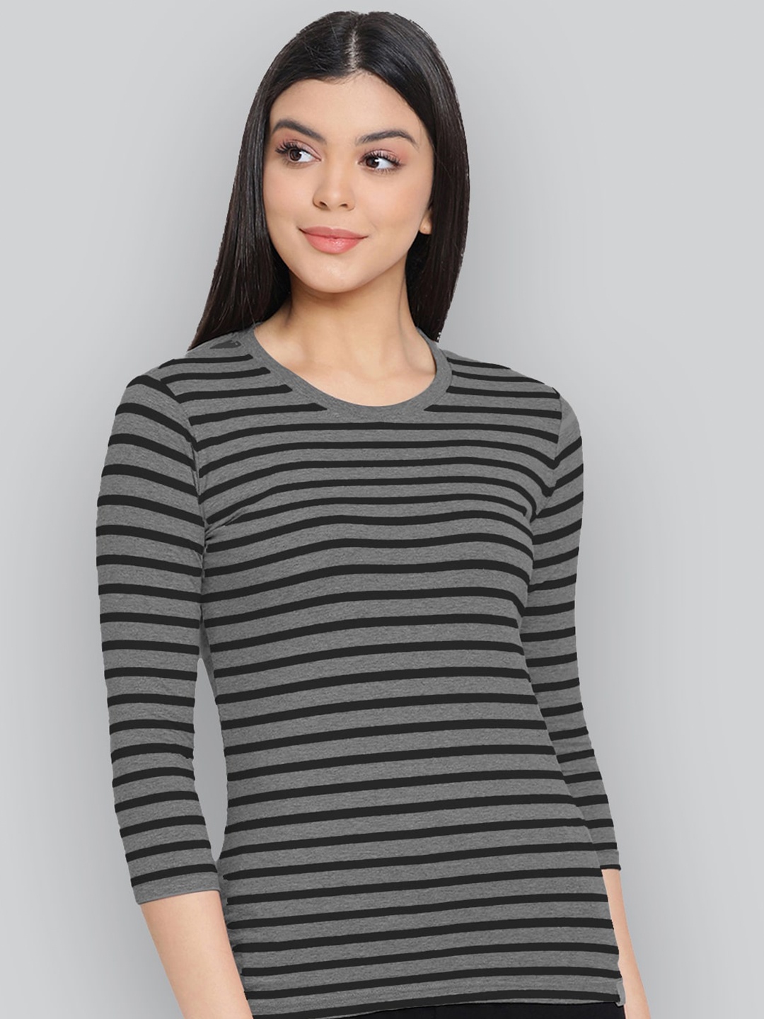 

LYRA Striped Round Neck Anti Odour Cotton Lounge T-shirt, Grey