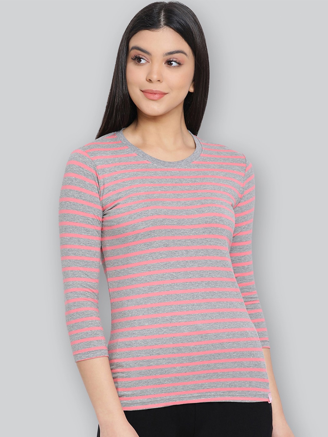 

LYRA Striped Round Neck Anti Odour Cotton Lounge T-shirt, Grey