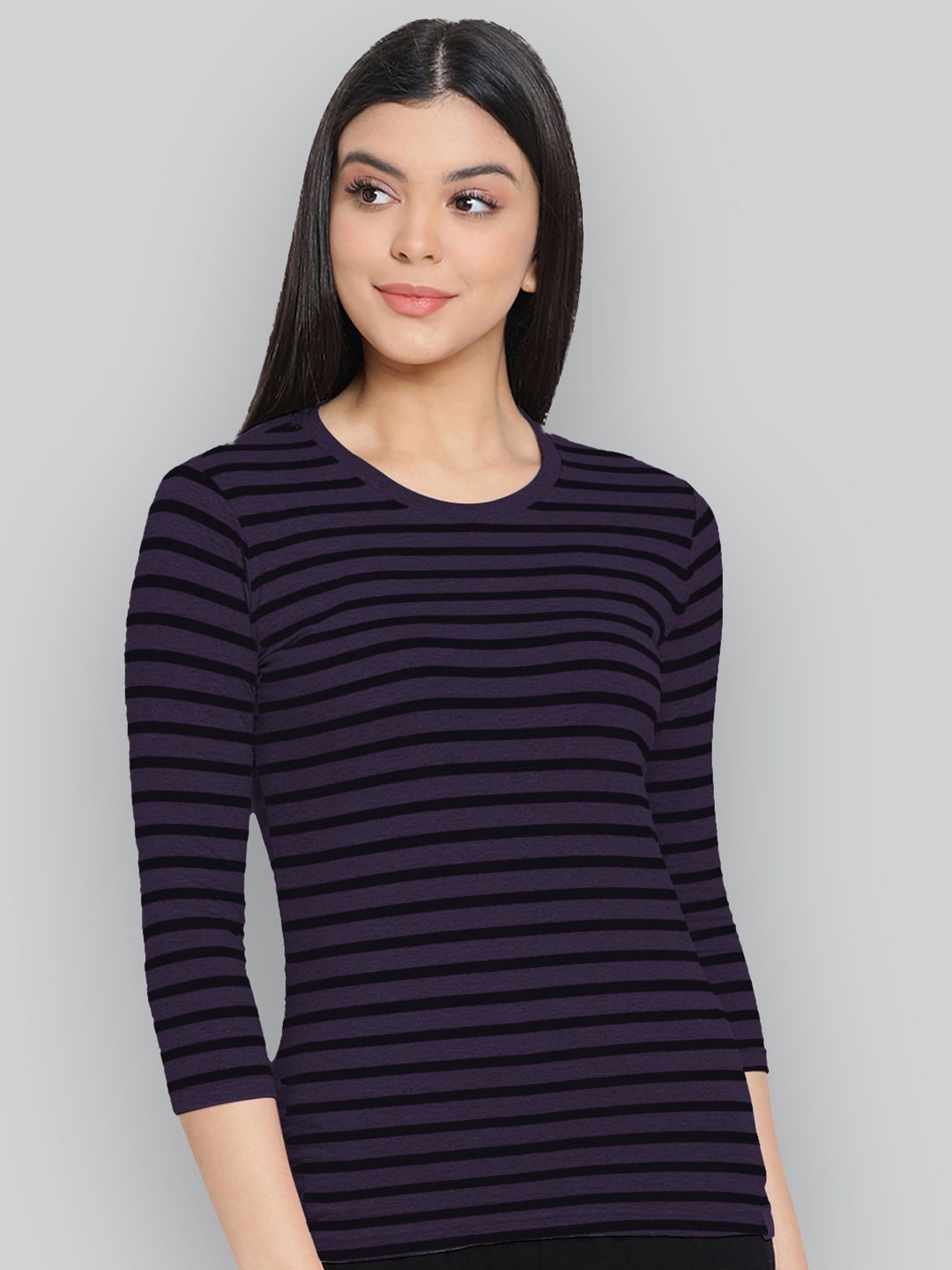 

LYRA Striped Round Neck Anti Odour Cotton Lounge T-shirt, Purple