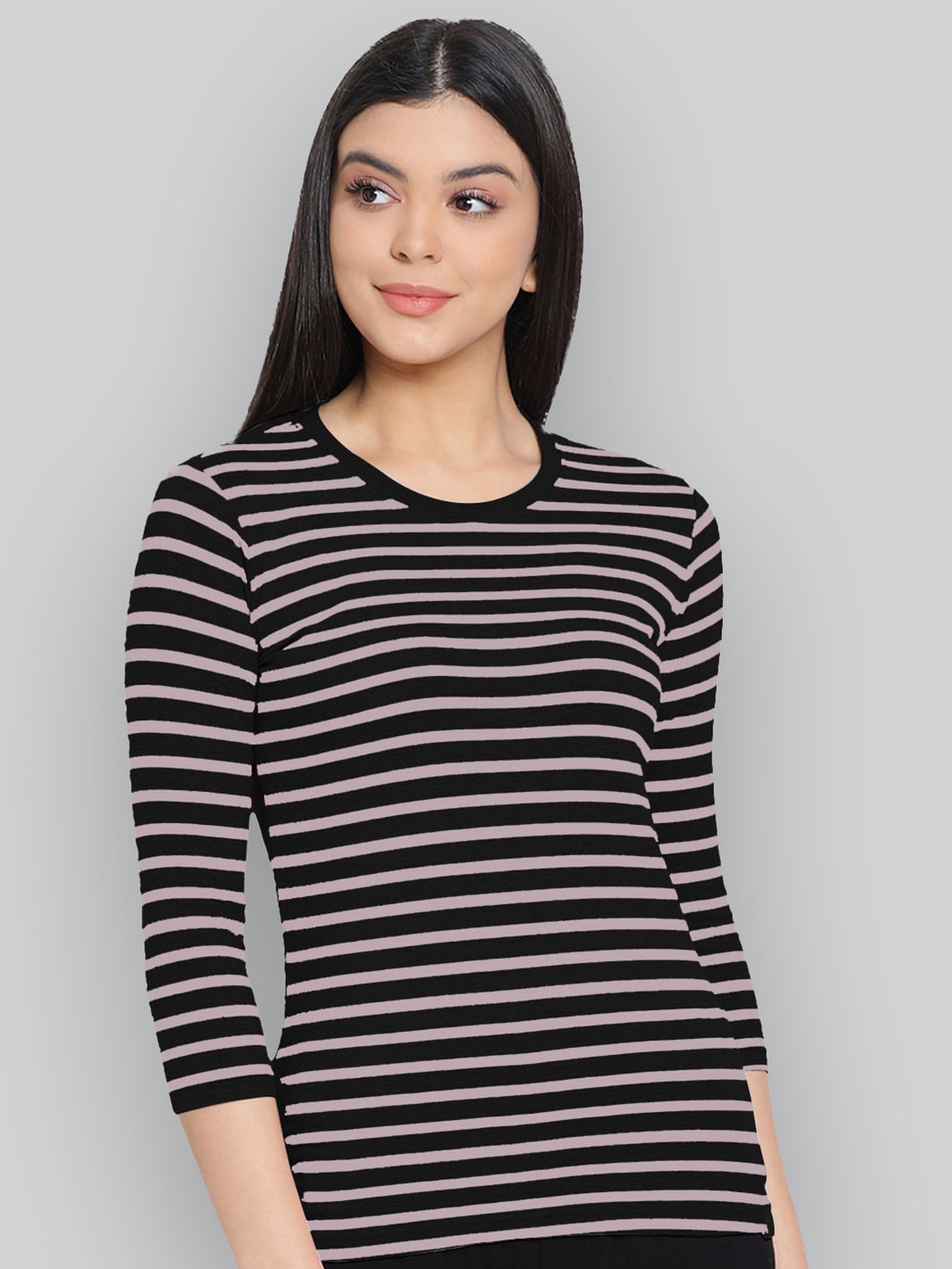 

LYRA Striped Round Neck Anti Odour Cotton Lounge T-shirt, Black