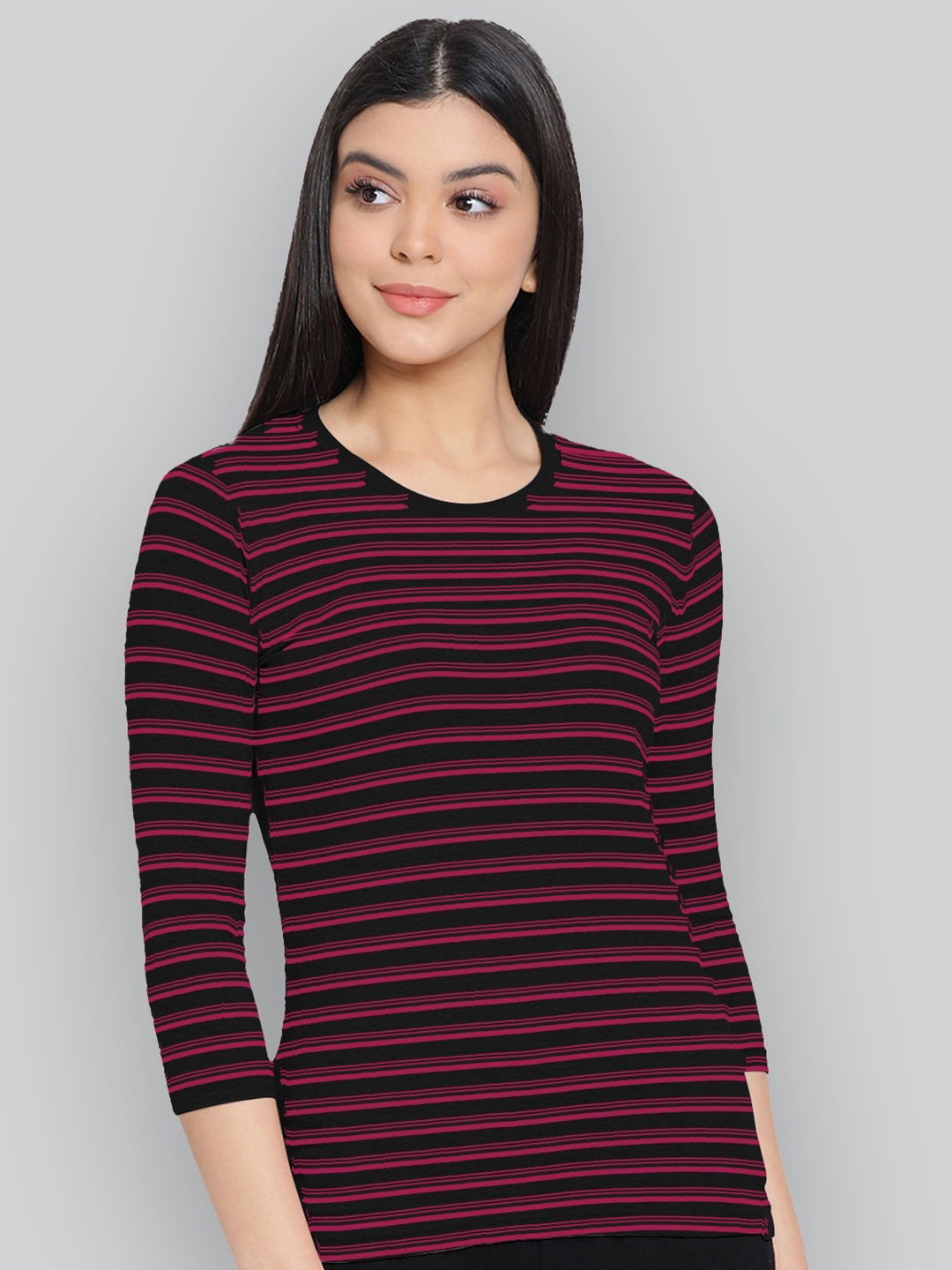 

LYRA Striped Round Neck Anti Odour Cotton Lounge T-shirt, Black