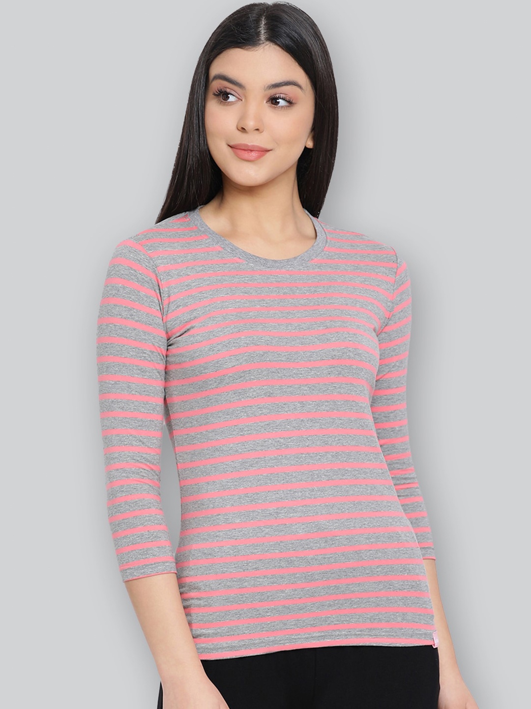 

LYRA Striped Round Neck Anti Odour Cotton Lounge T-shirt, Grey