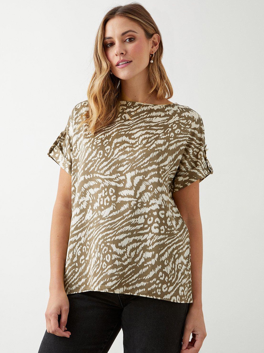 

DOROTHY PERKINS Animal Print Extended Sleeves Top, Brown