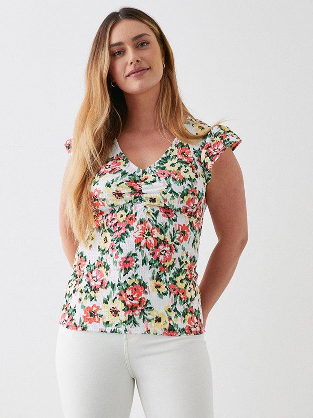 

DOROTHY PERKINS Floral Print Flutter Sleeves Ruched Top, White