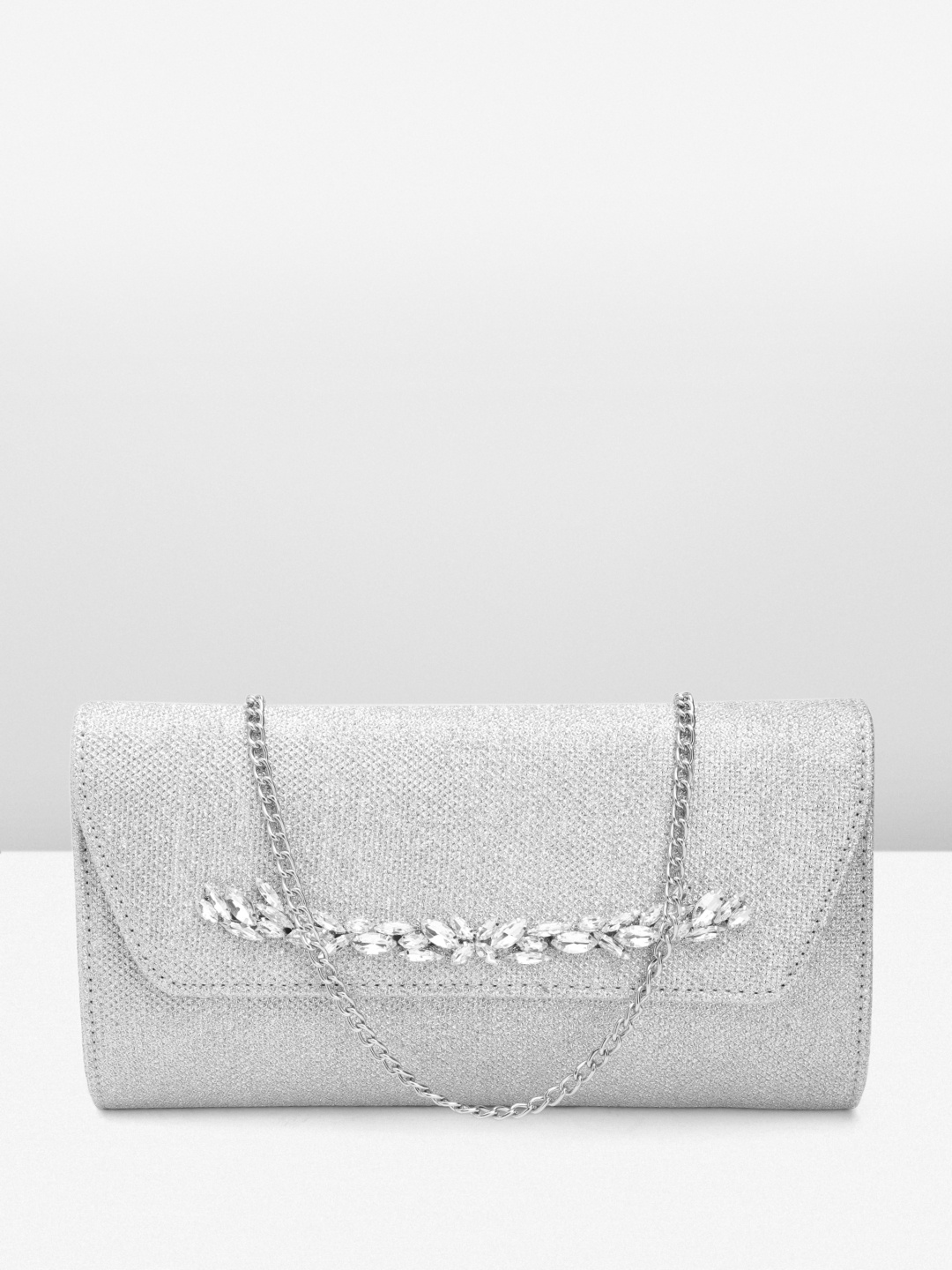 

DOROTHY PERKINS Shimmer & Embellished Envelope Clutch with Detachable Sling Strap, Silver