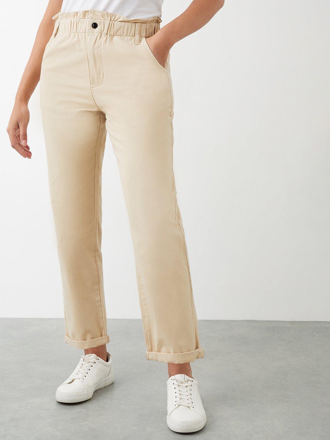 

DOROTHY PERKINS Women Straight Fit Paperbag Trousers, Off white