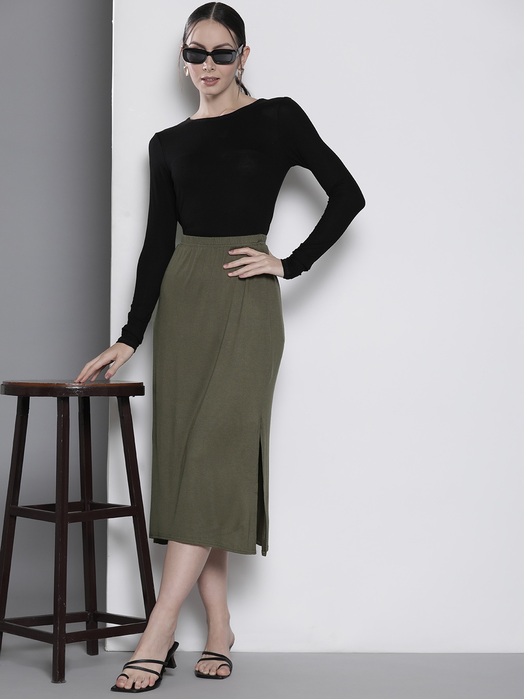 

DOROTHY PERKINS Side Slit Straight Midi Skirt, Olive