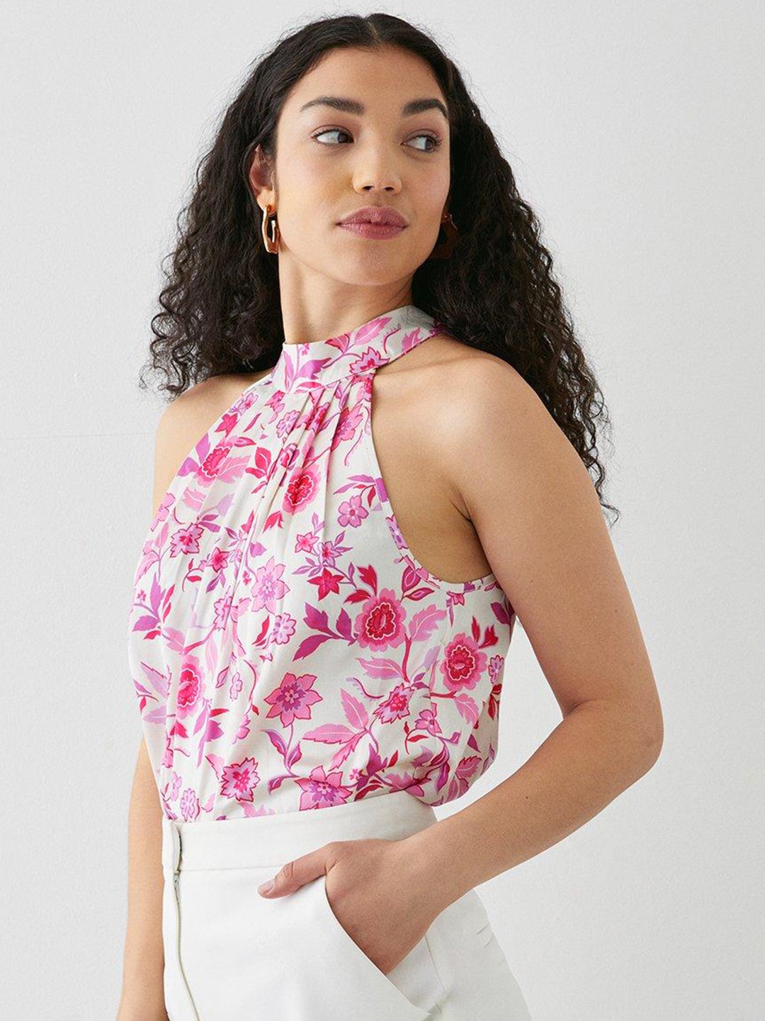 

DOROTHY PERKINS Satin Finish Floral Print Pleated Top with Tie-Up Closure, Pink