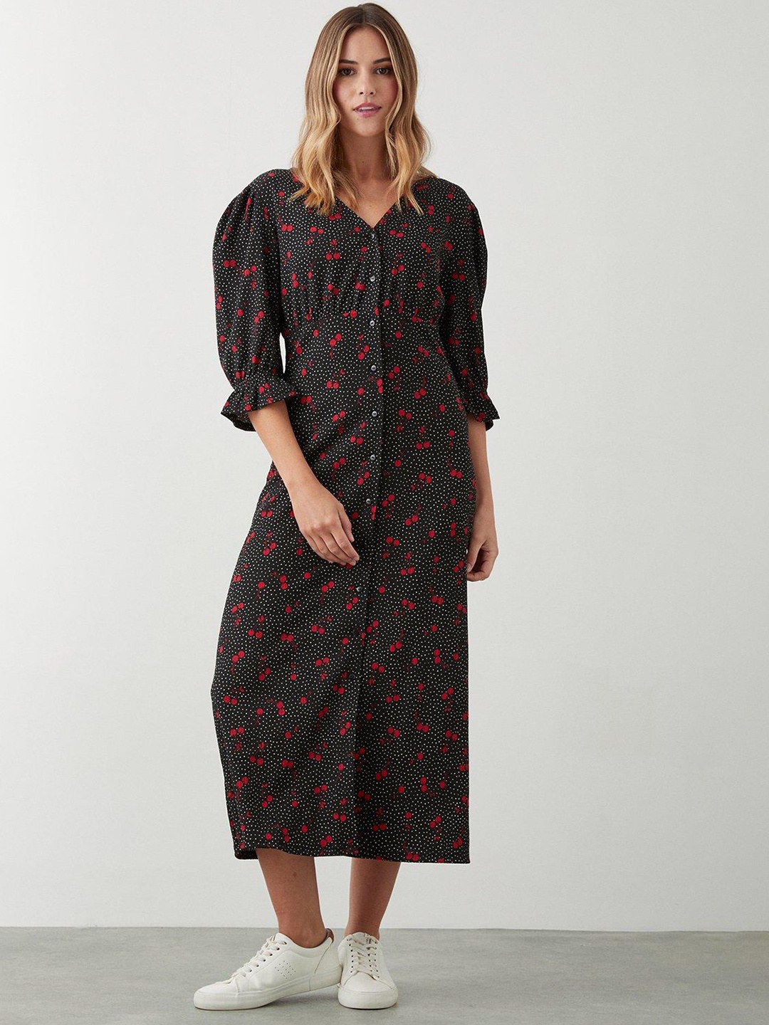 

DOROTHY PERKINS Cherry Print Puff Sleeves A-Line Midi Dress, Black