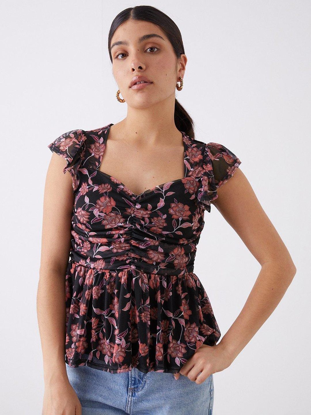 

DOROTHY PERKINS Floral Print Sweetheart Neck A-Line Top, Navy blue