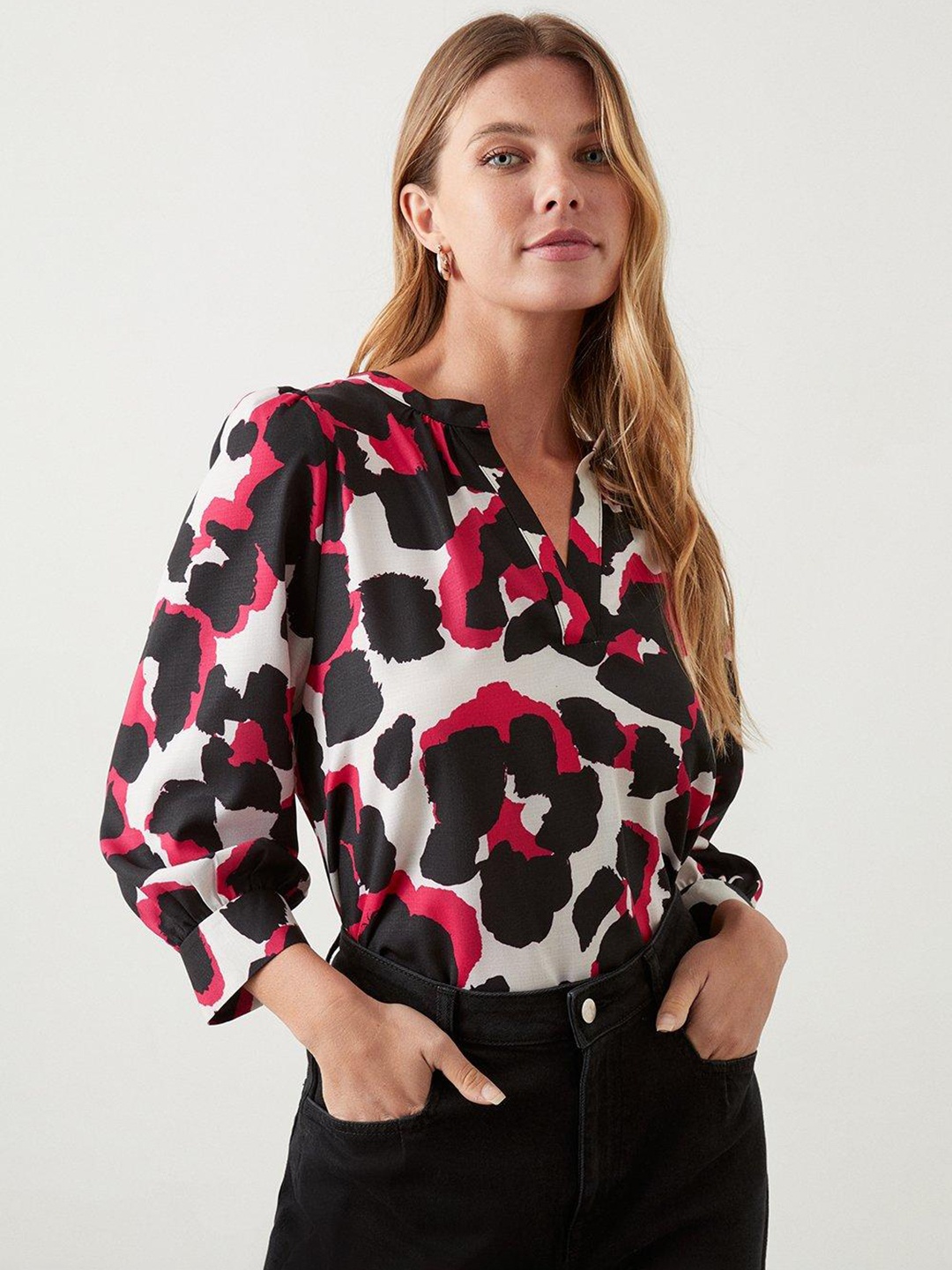 

DOROTHY PERKINS Printed Mandarin Collar Puff Sleeve High-Low Top, Black