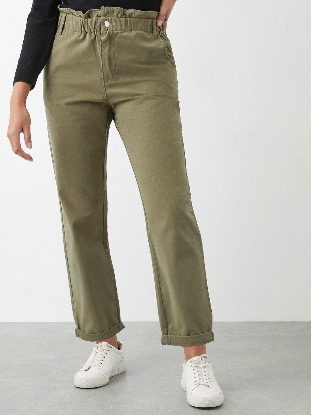 

DOROTHY PERKINS Women Cotton Paperbag Trousers, Olive