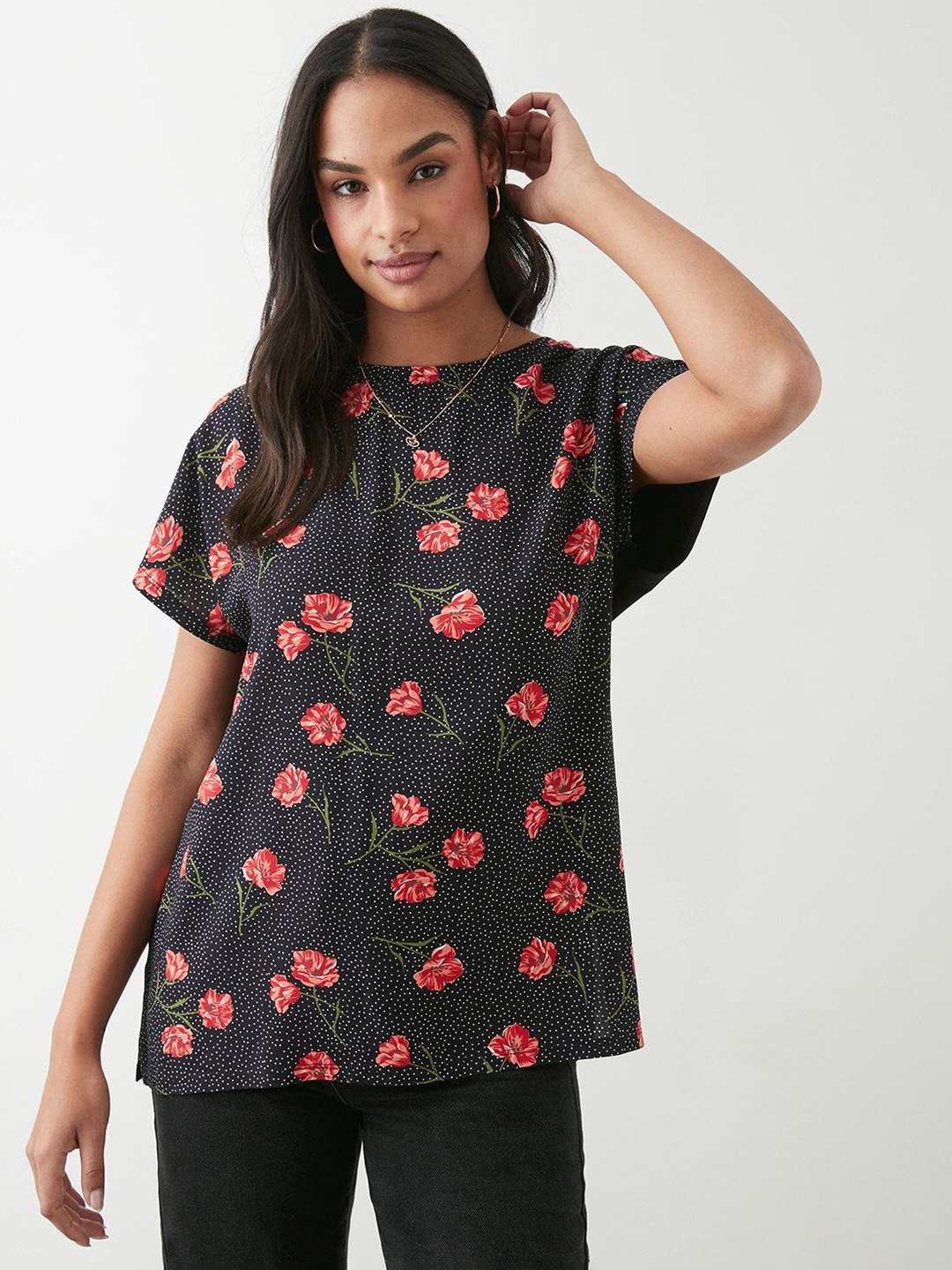 

DOROTHY PERKINS Floral Print Extended Sleeves Top, Black