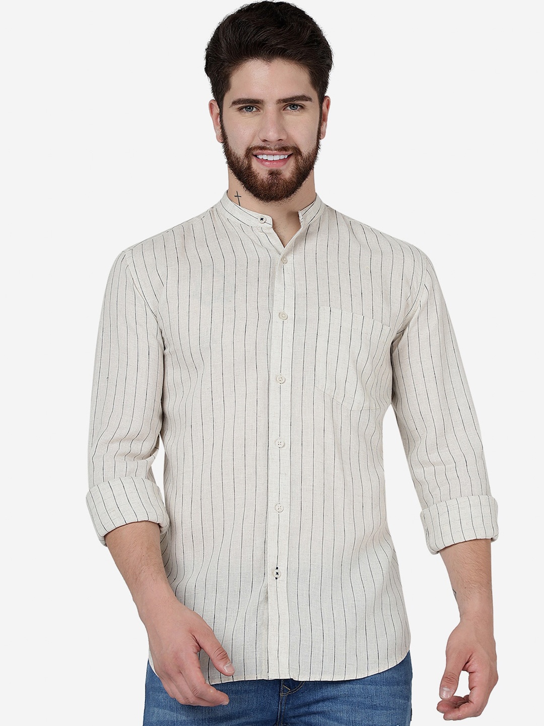 

JADE BLUE Slim Fit Striped Band Collar Casual Pure Cotton Shirt, Off white