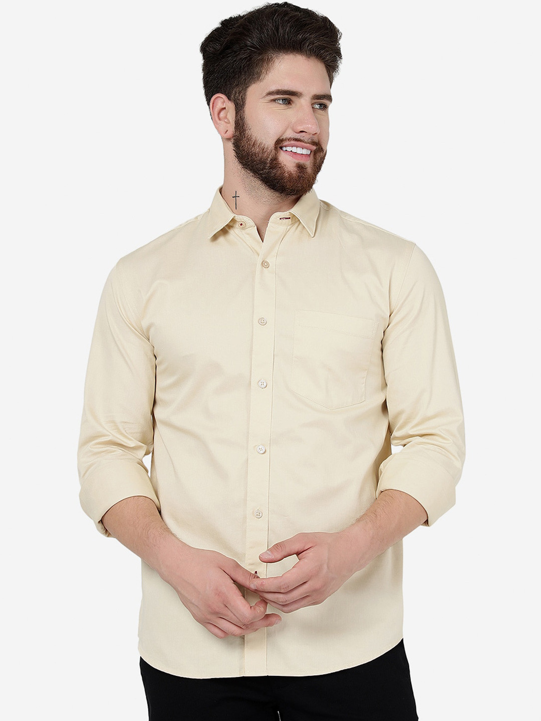 

JADE BLUE Slim Fit Spread Collar Casual Pure Cotton Shirt, Yellow