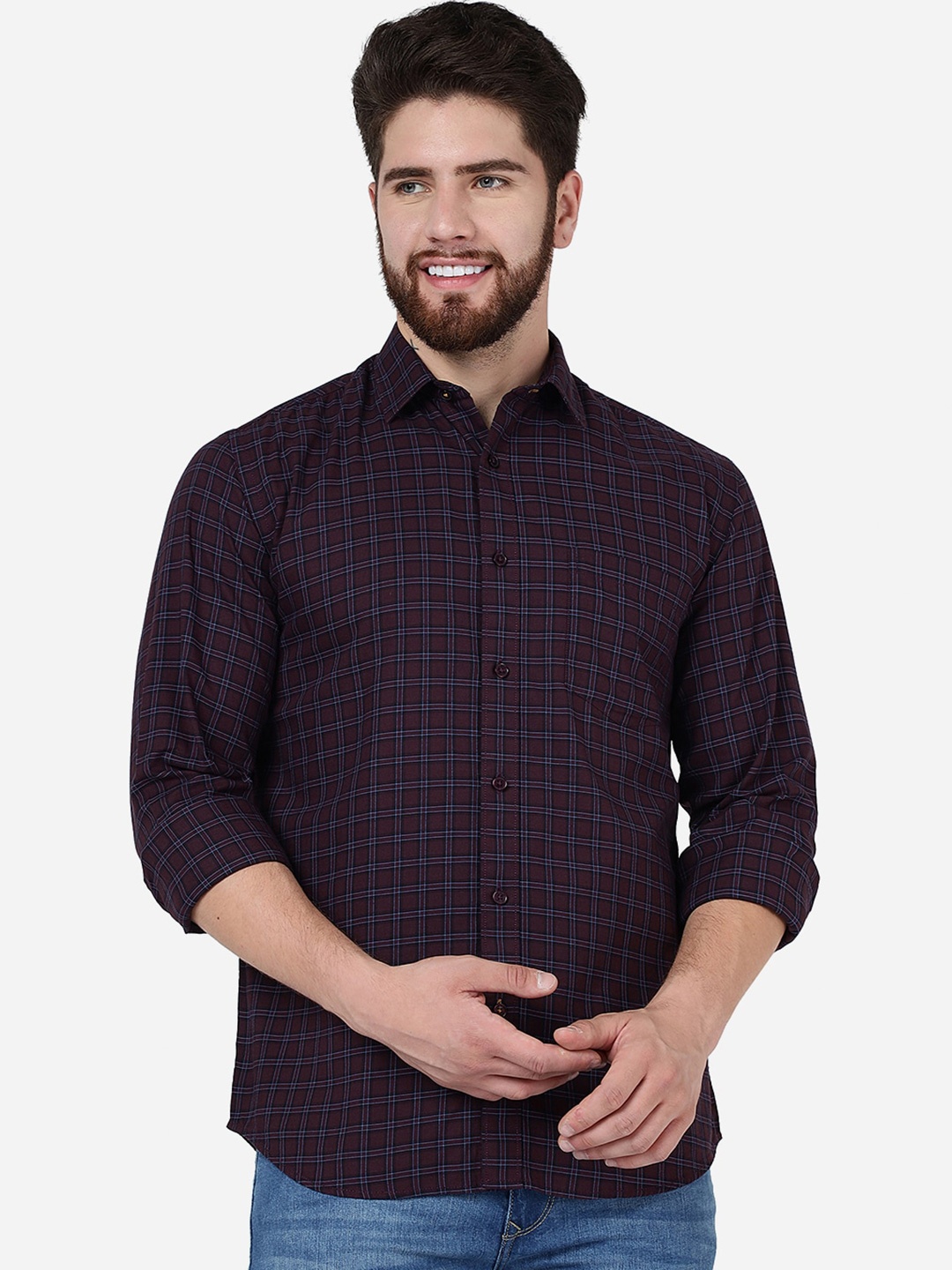 

JADE BLUE Slim Fit Checked Casual Pure Cotton Shirt, Maroon