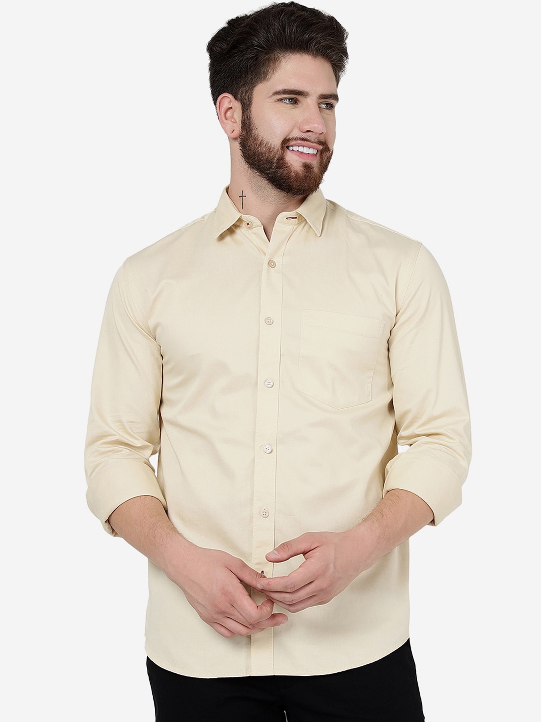 

JADE BLUE Spread Collar Slim Fit Cotton Casual Shirt, Yellow