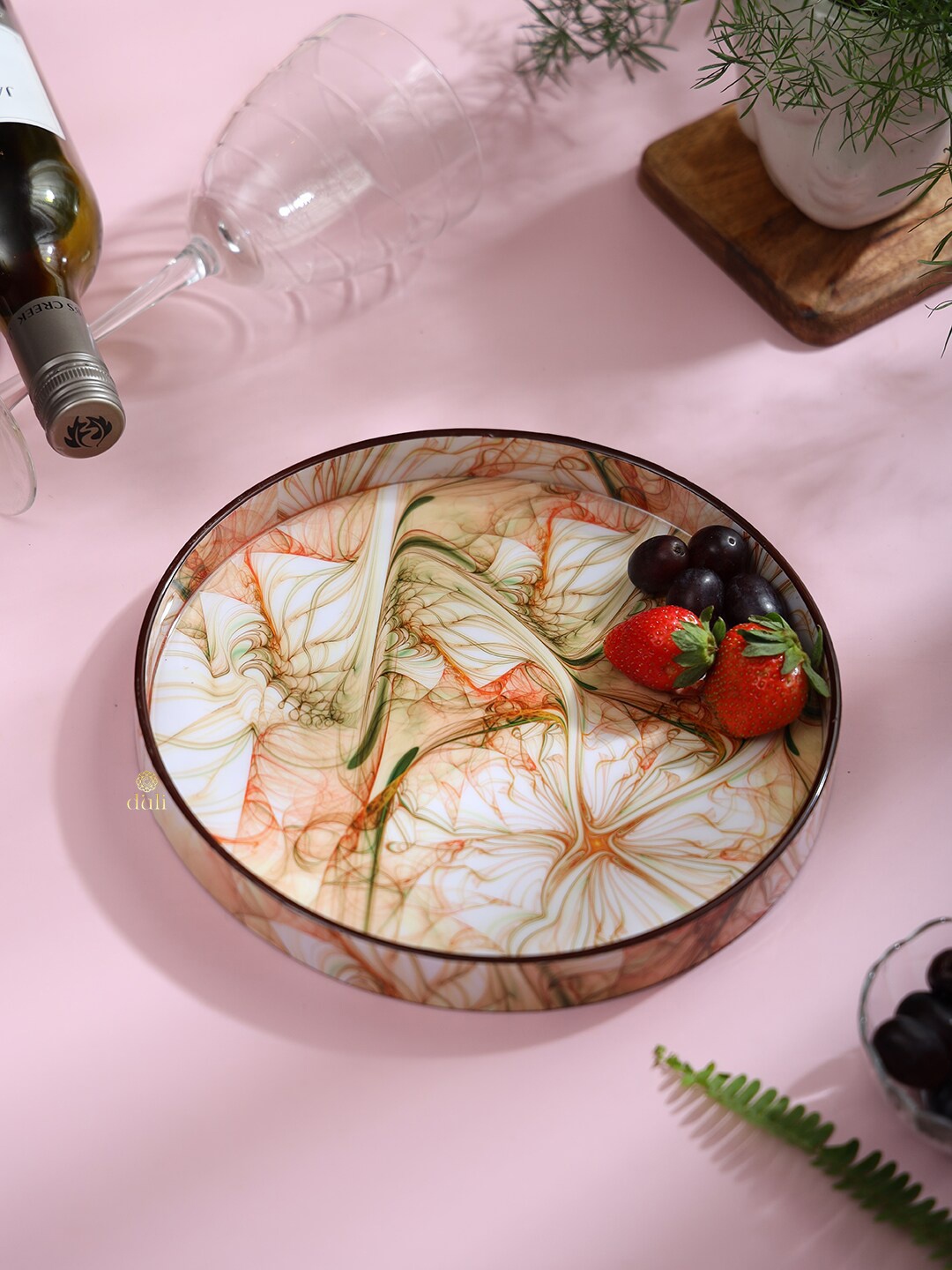 

DULI Cream Coloured & Green Textured Round Serving Tray