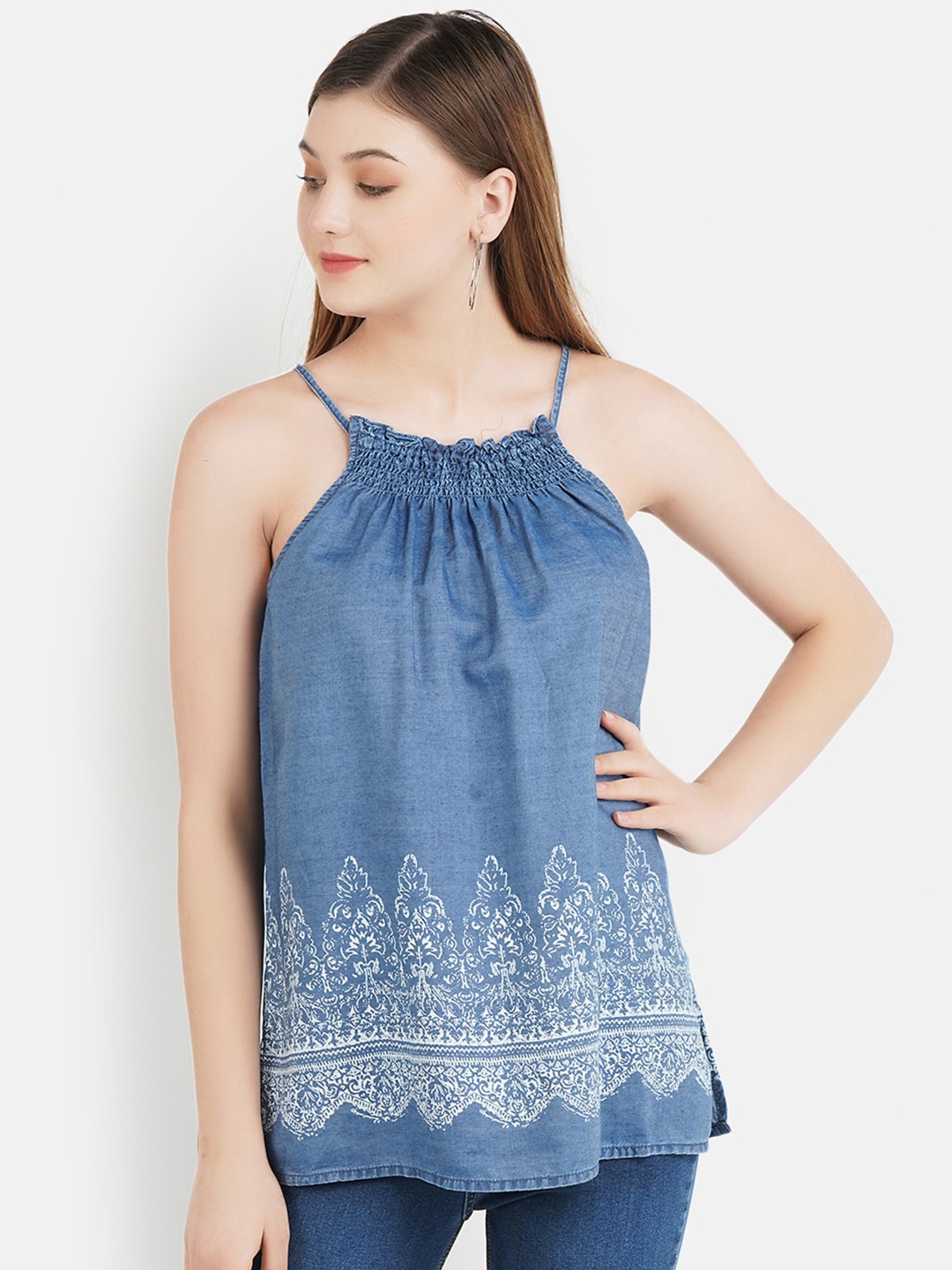 

Aditi Wasan Ethnic Motifs Printed Shoulder Straps Smocked Top, Blue