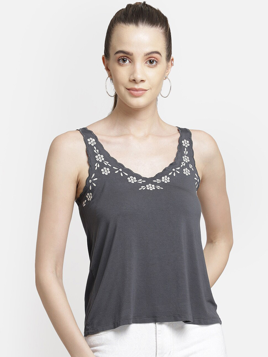 

Aditi Wasan V-neck Sleeveless Floral Embroidered Neckline Top, Grey
