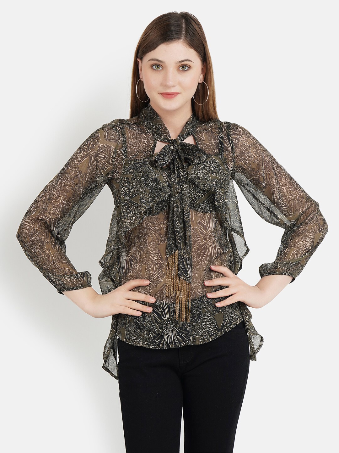 

Aditi Wasan Floral Printed Tie-Up Neck Semi Sheer Ruffles Top, Green