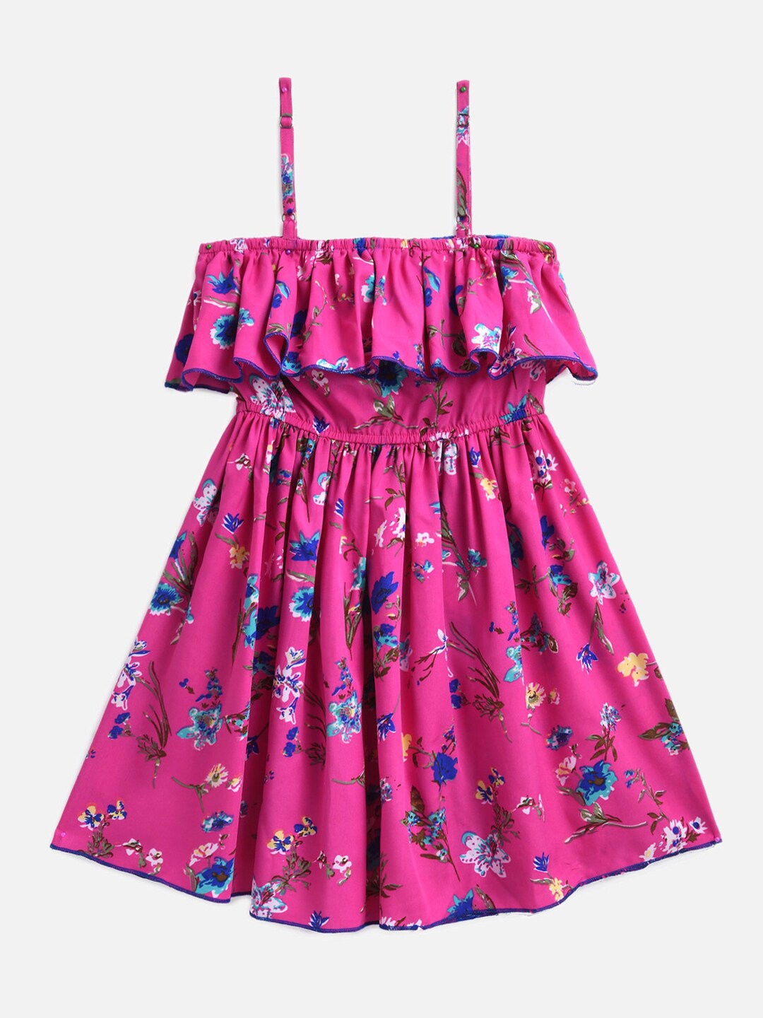 

YK Girls Floral Printed Shoulder Strap Fit & Flare Dress, Pink