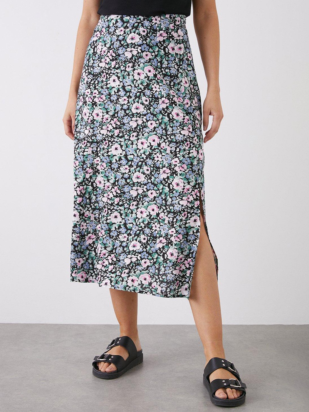 

DOROTHY PERKINS Floral Print Midi A-Line Skirt, Black