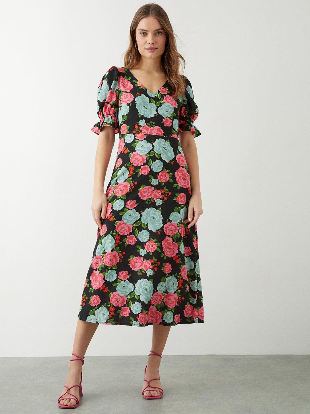 

DOROTHY PERKINS Floral Print Puff Sleeves A-Line Midi Dress, Black